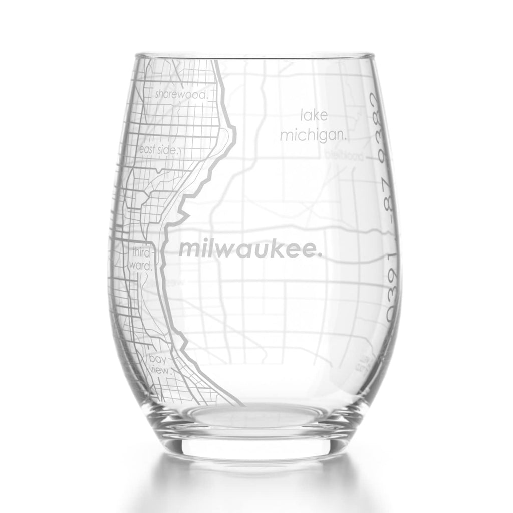Well Told Engraved Milwaukee Wisconsin Map Stemless Wine Glass Etched Wine Glass (15 oz Clear) City Map Wine Glass Custom Wine Glass Gifts for Wine Lovers