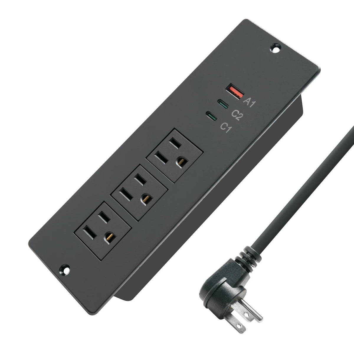 45W Recessed Power Strip USB C for LaptopFlush Mount Desk Power Outlets 3 AC Outlets 3 USB Ports Flat Plug Extension Cord Built in Sofa Table Cabinet Nightstand Couch Black