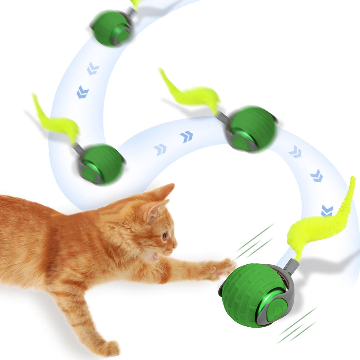 MERNEUO Interactive Cat Toy Balls Motion Activated Rolling Ball with Type C Cord and Tail Automatic Toy Balls for Cats and Dogs (Emerald Green)
