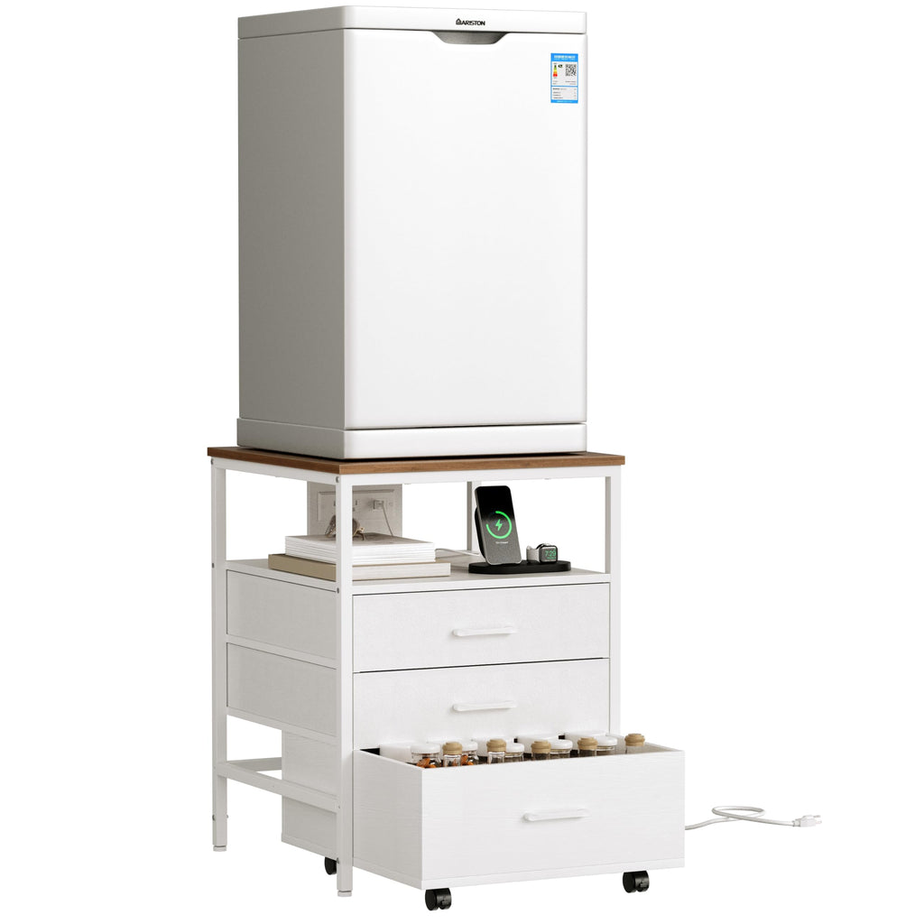 Herture Mini Fridge Stand with Storage Ergonomic 4-Tier Organizer Mini Fridge Table with Power Outlet and Rolling Cabinet Heavy-Duty Refrigerator Stand for Home and Office White HB02BXW