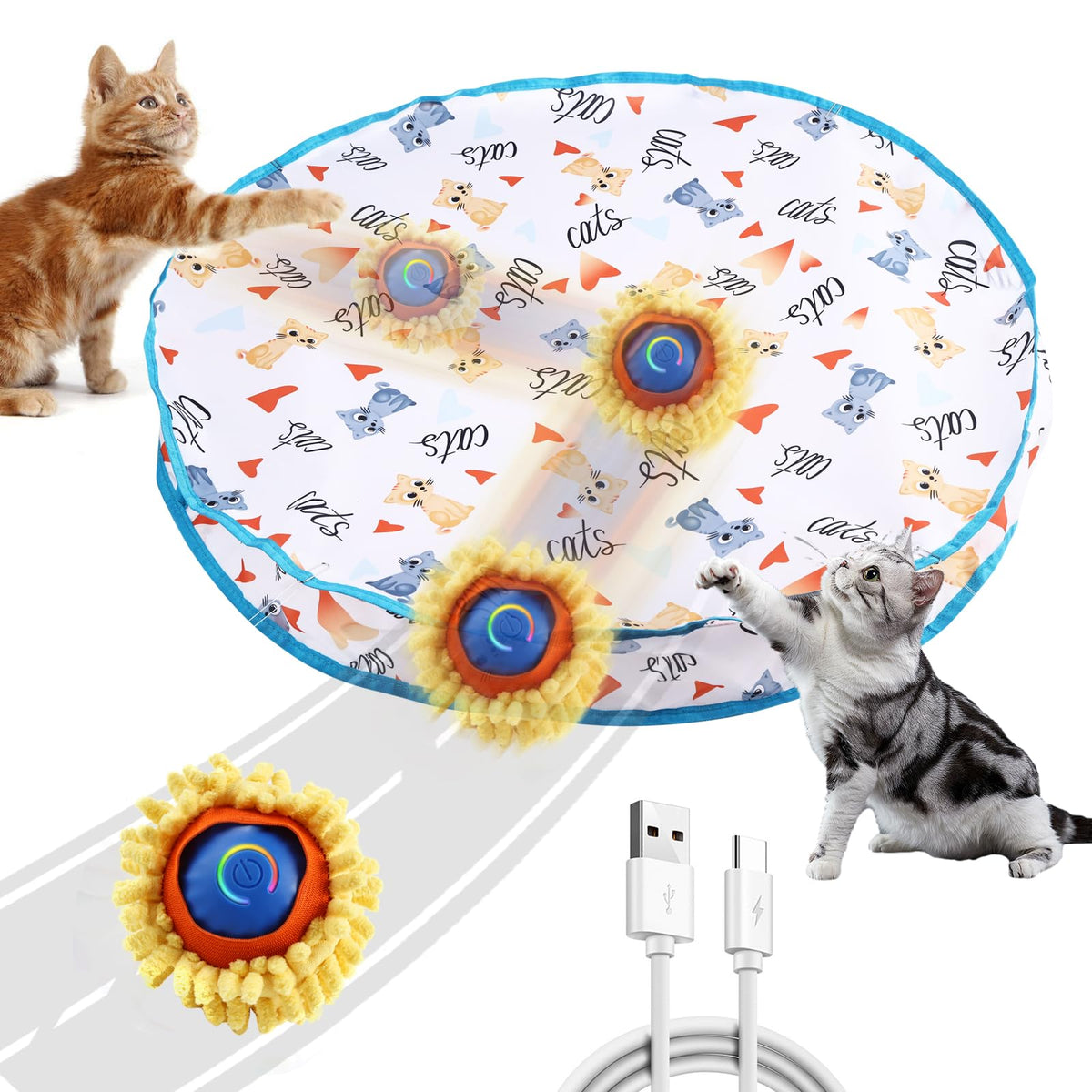 CHERRYSUN Interactive Cat Toy Ball for Indoor Cats Fast Rolling in Play Mat