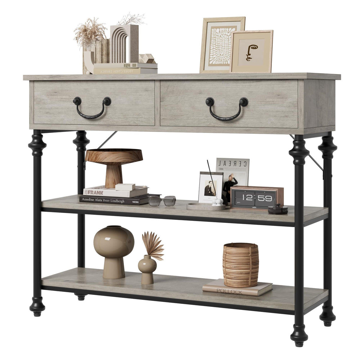 IDEALHOUSE Small Entryway Table with 2 Drawers Narrow Console Table with Storage Shelves for Living Room Console Tables for Entryway Hallway Table Sofa Table Rustic Grey