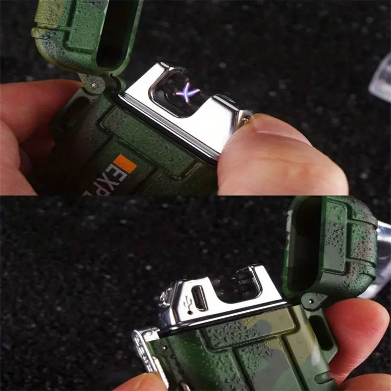 Portable Dual Arc Lighter for Outdoors - Waterproof Camouflage