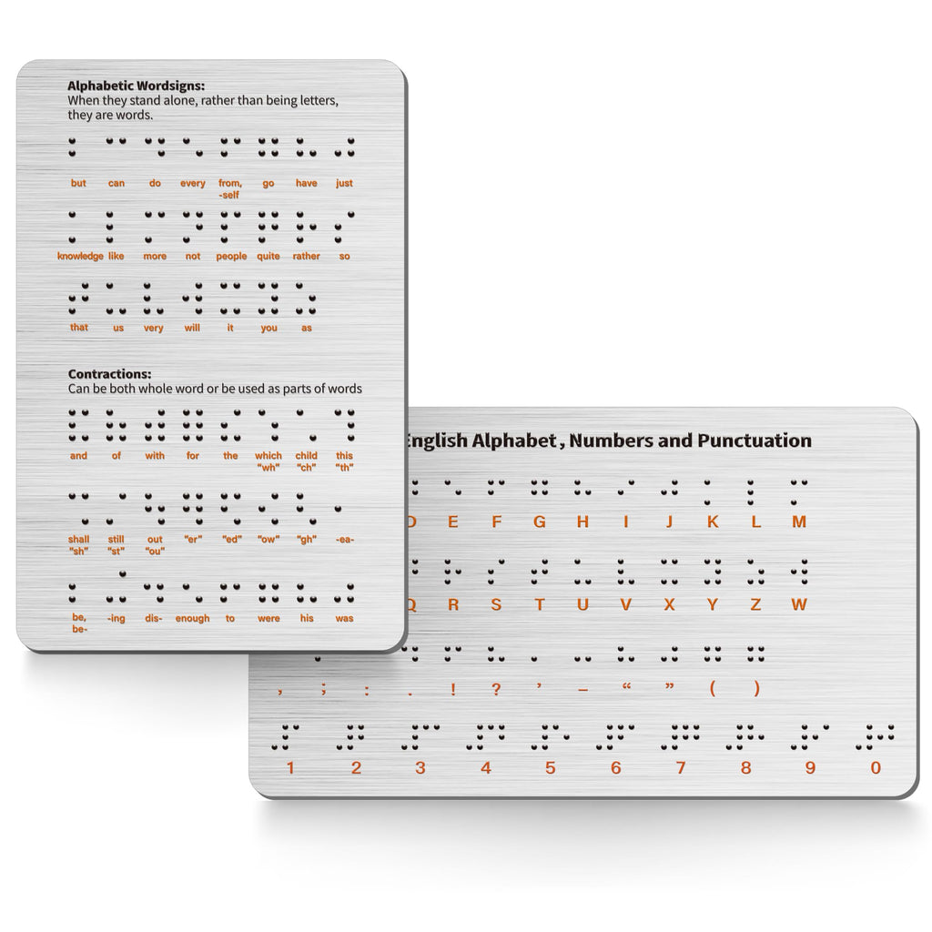 2PK Braille Alphabet Board - Raised Dots for Braille Beginners Sturdy Aluminum Braille Learning Tool with Letters Numbers & Contractions (Patent Pending)