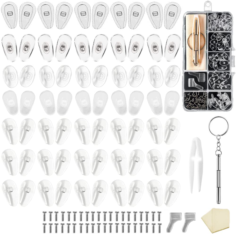 PIGIAOKA Eyeglass Nose Pads 35 Pairs Eyeglass Repair Kit Upgraded Soft Silicone Air Chamber Screw-in Glasses Nose Pad Replacement Kit with Screws Screwdriver Tweezers Glasses Cloth and Earhook