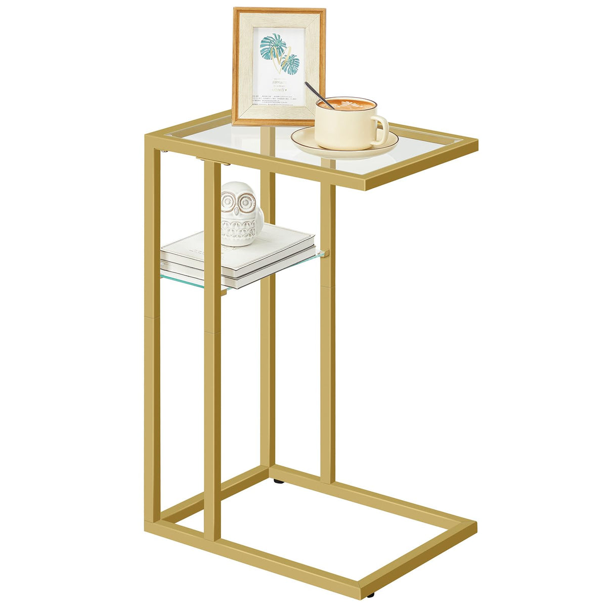 HOOBRO C Shaped End Table Small Side Table for Couch and Bed Tempered Glass Sofa Table with Metal Frame Snack Accent Table for Small Place Living Room Bedroom Gold GD08SF01