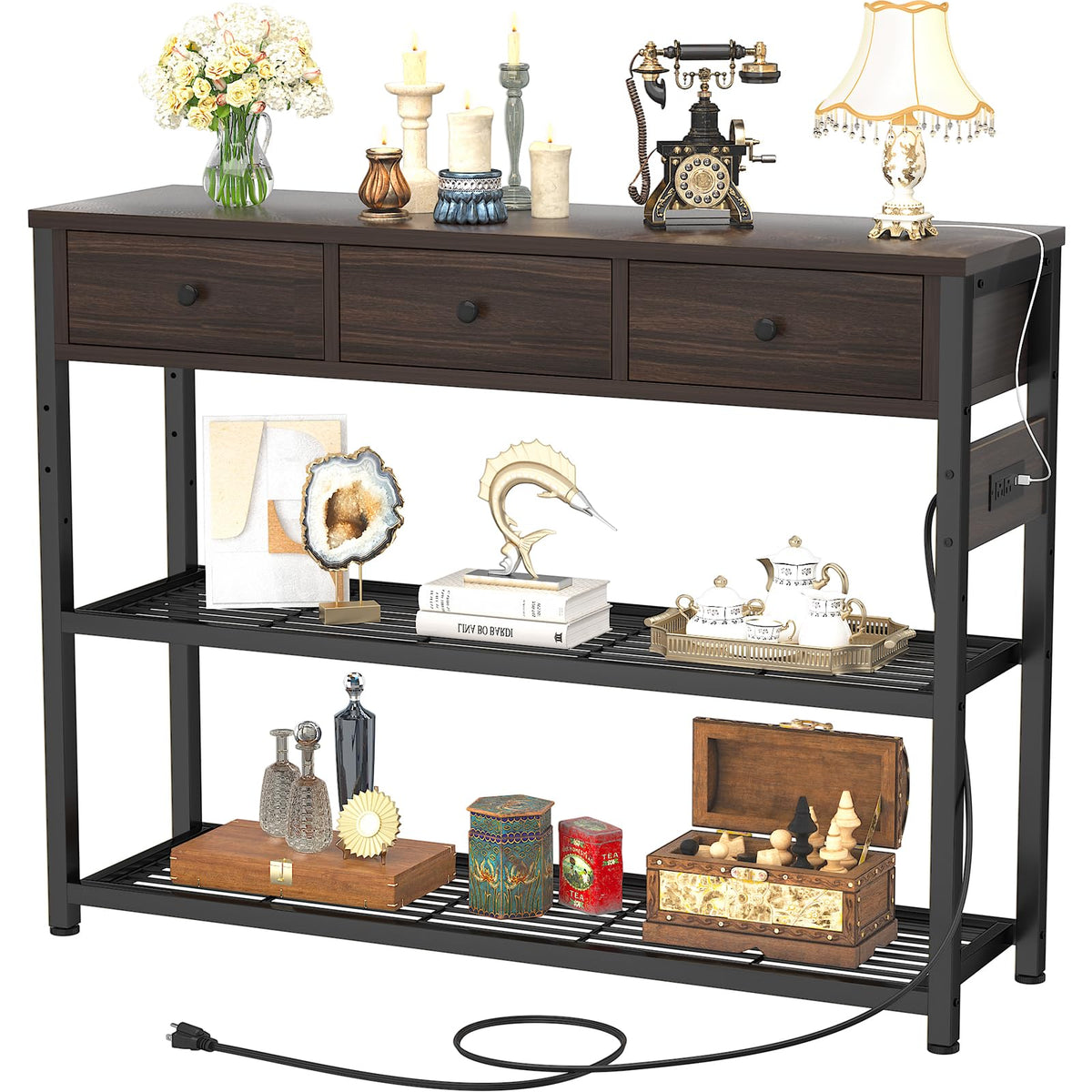 Ecoprsio 47 Entryway Table with Outlets and USB Ports Console Table with 3 Drawers Sofa Table Narrow Long with Storage Shelves for Living Room Couch Hallway Foyer Black Walnut Finish