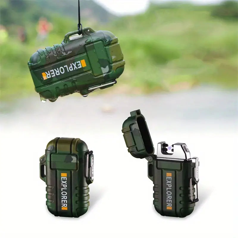 Portable Dual Arc Lighter for Outdoors - Waterproof Camouflage